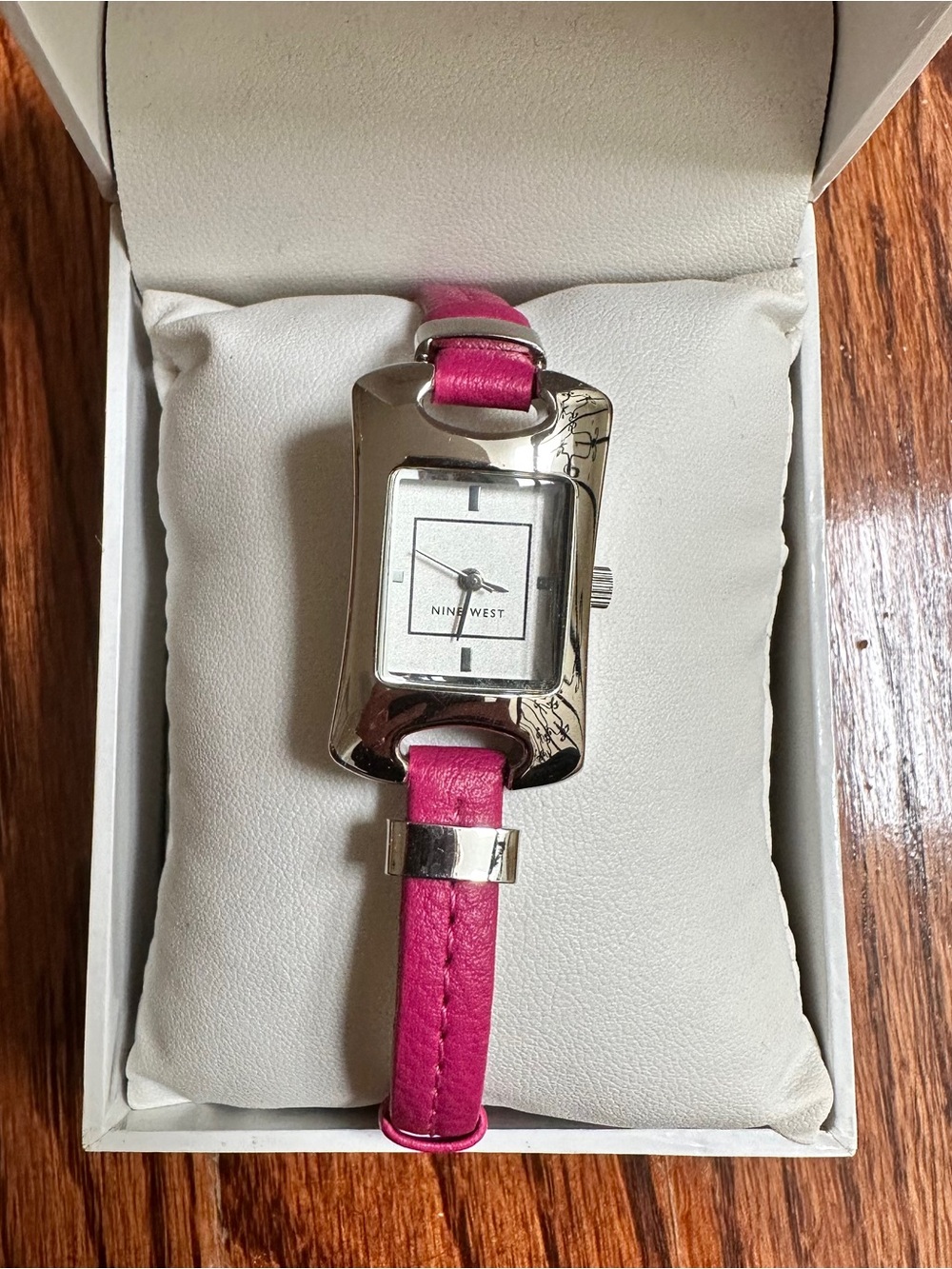 Nine West Silver Rectangular Dial Watch with Hot Pink Leather Strap